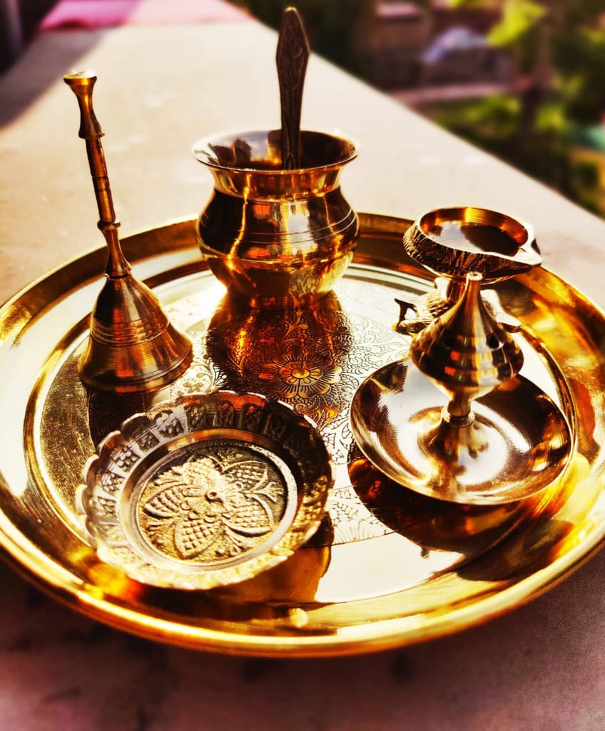 BulkySanta Brass Pooja Thali Set with Handcrafted Etching Design | Size - 7 inches (Set of 7 Pooja Items) (with Gift Box) view 2