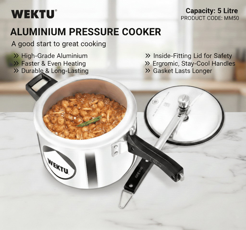 WEKTU Premium 5-Litre Aluminium Pressure Cooker - High-Grade Material, Faster & Even Heating view 2