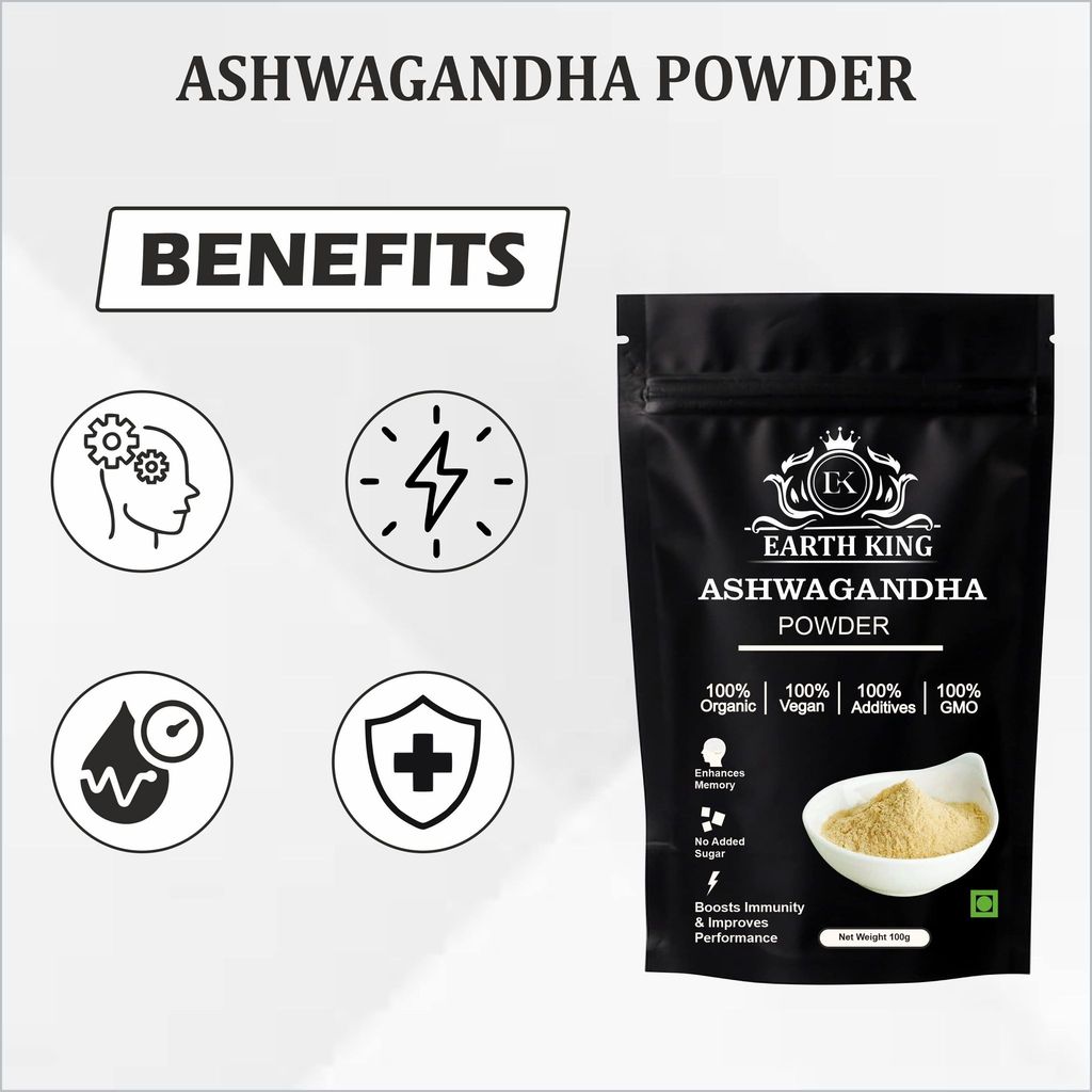 EARTH KING 100% Pure Ashwagandha Powder (Withania Somnifera) Supports Anxiety & Stress for Men & Women - 100gm view 2
