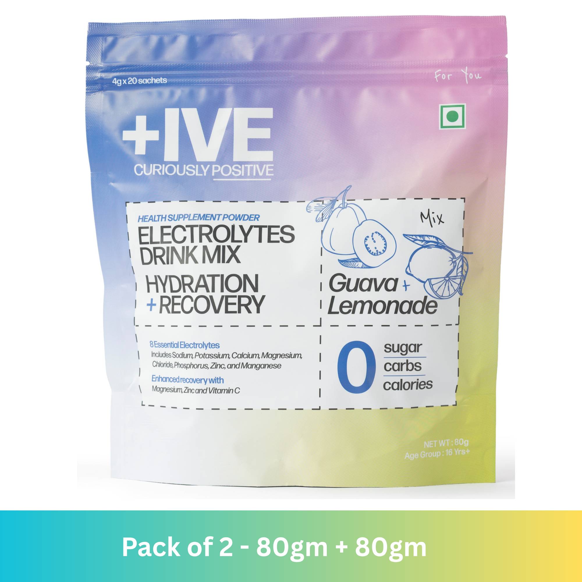 Curiously +IVE Electrolytes Drink Mix - Assorted Flavour (Lemonade + Guava) - Pack of 2 - 80gm + 80gm (4g x 40 Sachet), Zero Sugar, Zero Carbs, Zero Calories, Hydration + Recovery Supplement