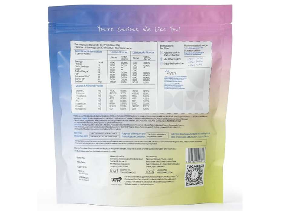 Curiously +IVE Electrolytes Drink Mix - Assorted Flavour (Lemonade + Guava) - Pack of 2 - 80gm + 80gm (4g x 40 Sachet), Zero Sugar, Zero Carbs, Zero Calories, Hydration + Recovery Supplement view 2