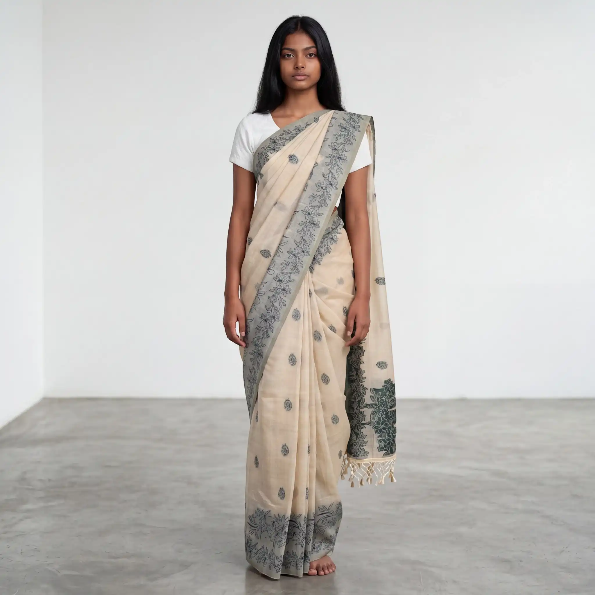 Bomkai Sonepuri Beige Cotton Saree Olive Paisley Buti