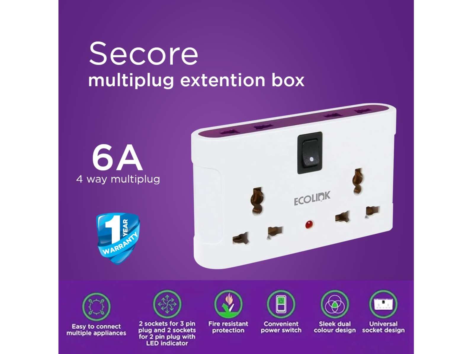 EcoLink 4 Way Multiplug 6A | Compact Power Distribution | Surge-Safe Build | Universal Sockets | for Home and Office - 1 Unit - Ecolink view 2