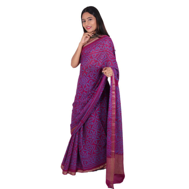 Handwoven Purple and Blue Bandhej Saree view 2