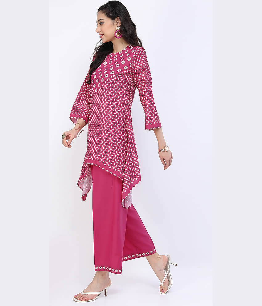 Vishudh Women Viscose Printed A-line Kurti With Pants ( Pink ) view 2
