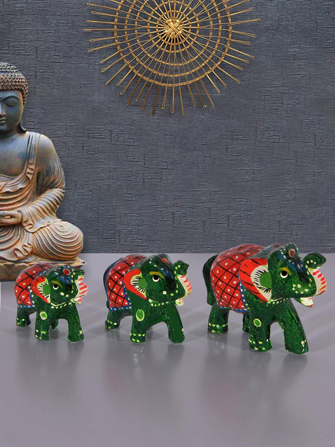 DreamKraft Paper Mache Elephant Showpiece (Set of 3, Green) view 2