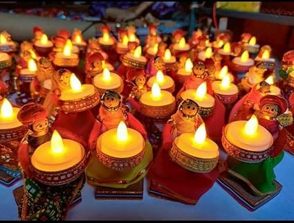 RUPESH KUMAR JANGID Handmade Rajasthani Dolls Puppet Tealight Candle Holders for Floor Decoration | Diwali Decoration | Festival Decoration 4 Puppet Dolls (2 Male, 2 Female) 4 Led Candles Included view 2