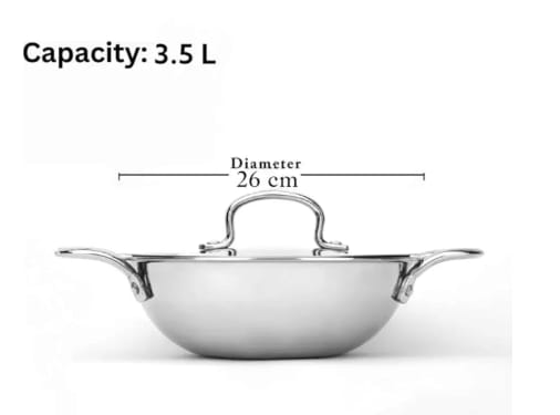 WEKTU Triply Kadhai, Stainless Steel, 3.5 L, Silver, Medium, Uncoated, 26 cm Diameter, with Lid view 2
