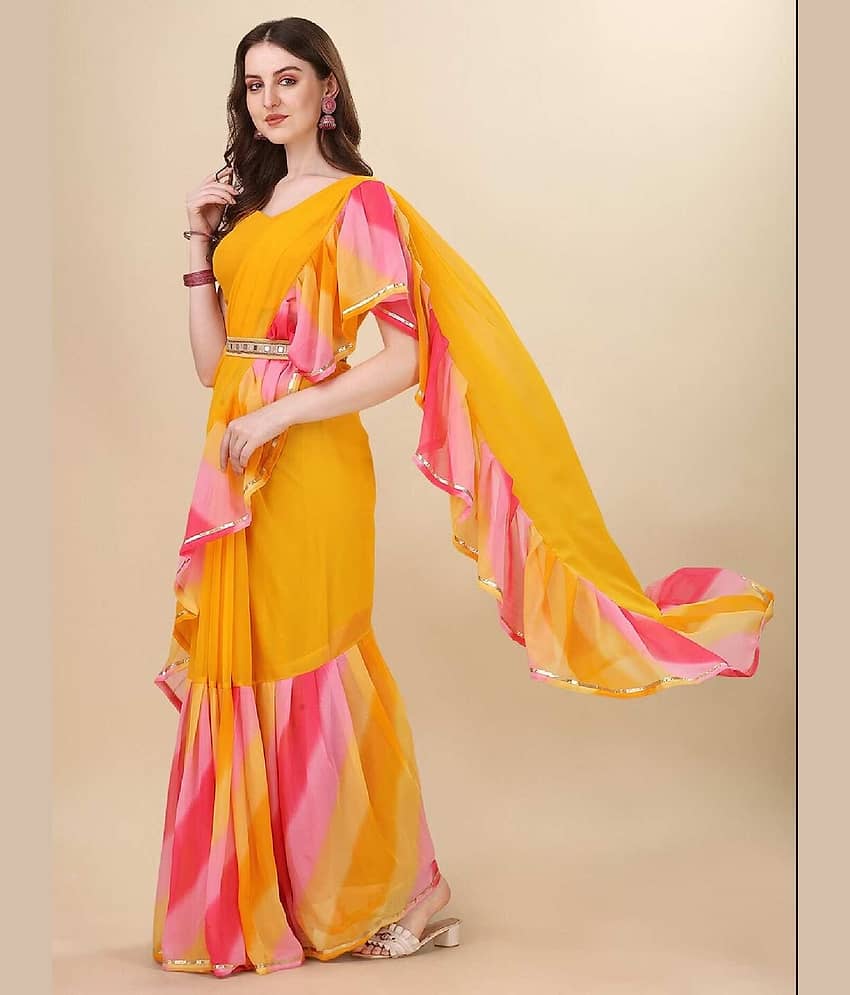 BLEESBURY Georgette Solid Saree With Unstitched Blouse Piece ( Yellow ) view 2