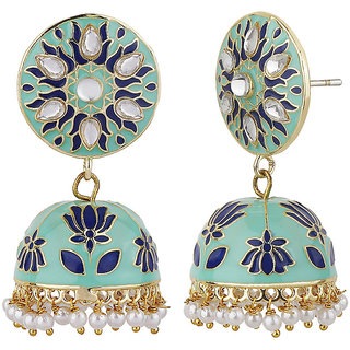 Lotus Jhumki Top Copper Material Drop Hook Earrings for Women's Fashion Jewelry Earrings for Girls Women's Loop Blue view 2