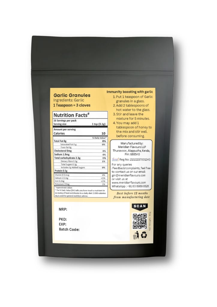 Meridian Flavours Dehydrated Garlic Granules | Washed and Cleaned | Outer Skin Removed | 100% Natural and Preservatives Free | 1 Teaspoon Granules = 3 Garlic Cloves | (Garlic Granules, 50gm/100gm) view 2