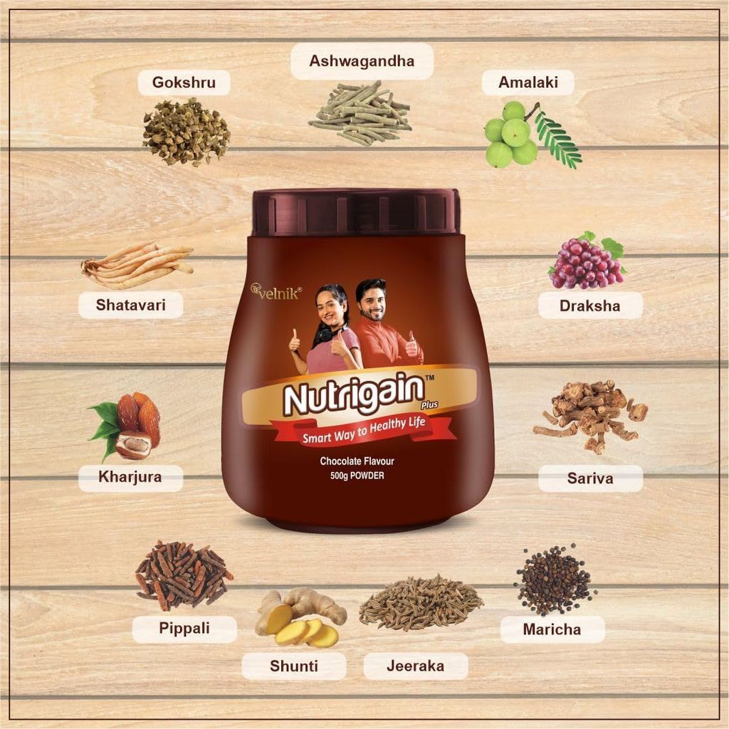 Nutrigain Plus Ayurvedic Weight Gainer Supplement Powder for Men and Women (Chocolate Flavour), 1 count, 500 grams view 2