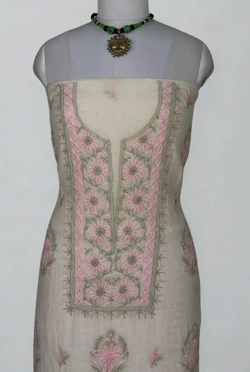 Chikankari Mul Chanderi Dress Material Cream Pink Floral view 2