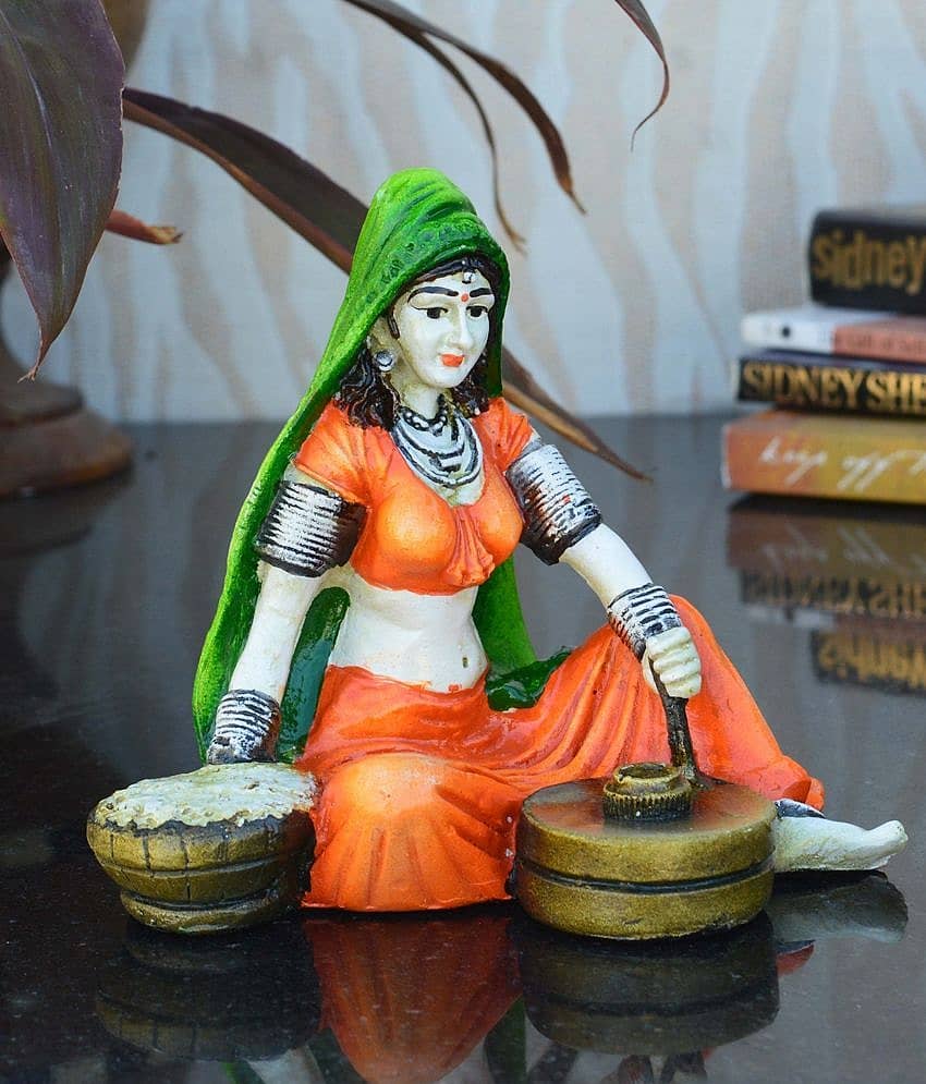 eCraftIndia Orange & Green Handcrafted Polyresin Rajasthani Lady Showpiece view 2