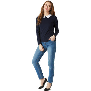 Miss Chase Women's Navy Blue Collared Round Neck Full Sleeve Cotton Solid Buttoned Top view 2