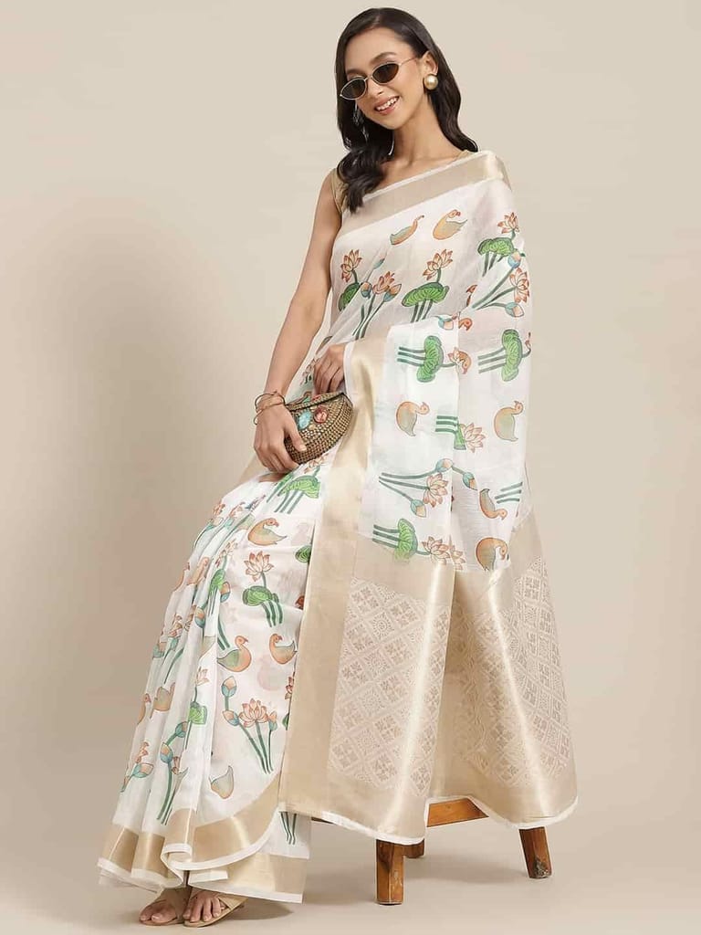 Women's Coral White Zari Woven Digital Print Design With Unstiched Blouse Piece view 2