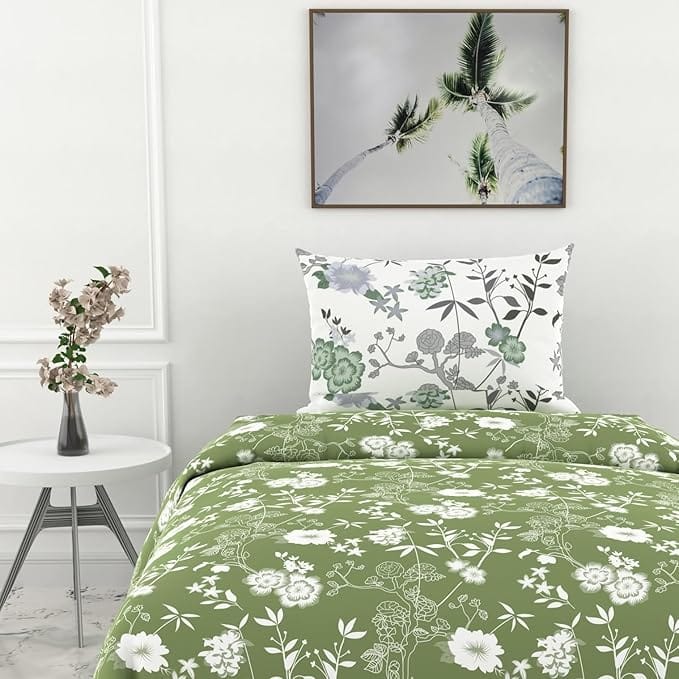 Green and White Floral Duvet Cover Set - Queen