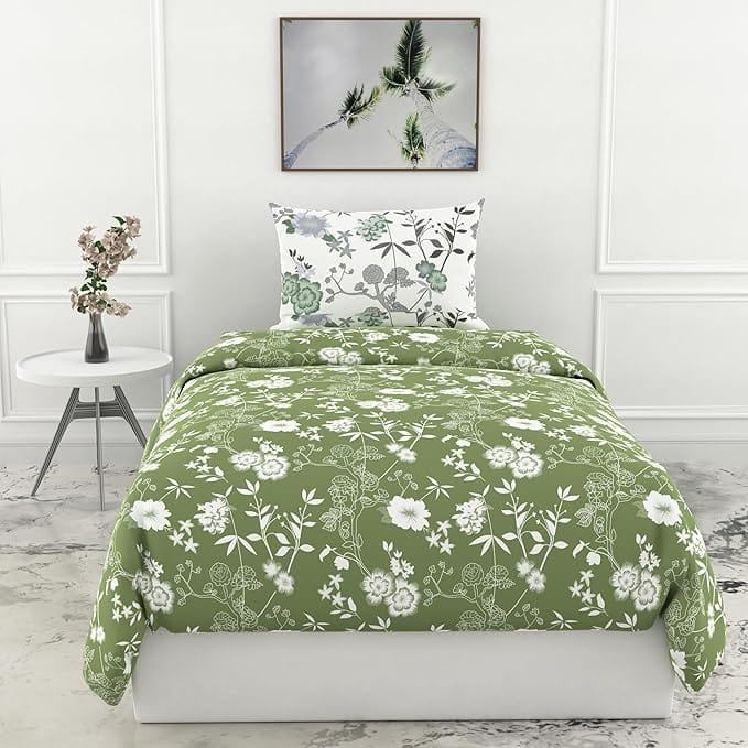 Green and White Floral Duvet Cover Set - Queen view 2