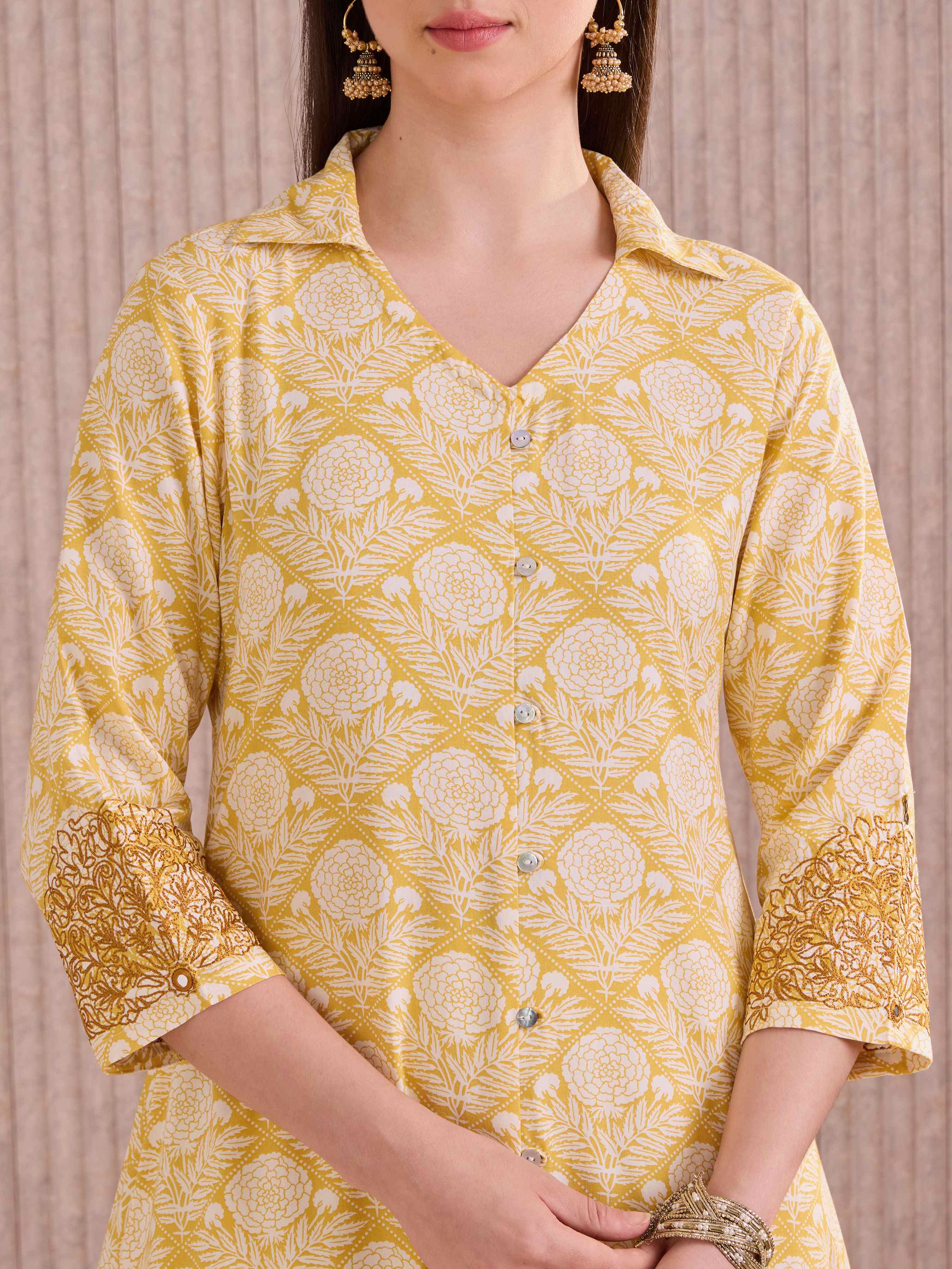 Yellow Viscose Printed Kurti With Embroidery view 2