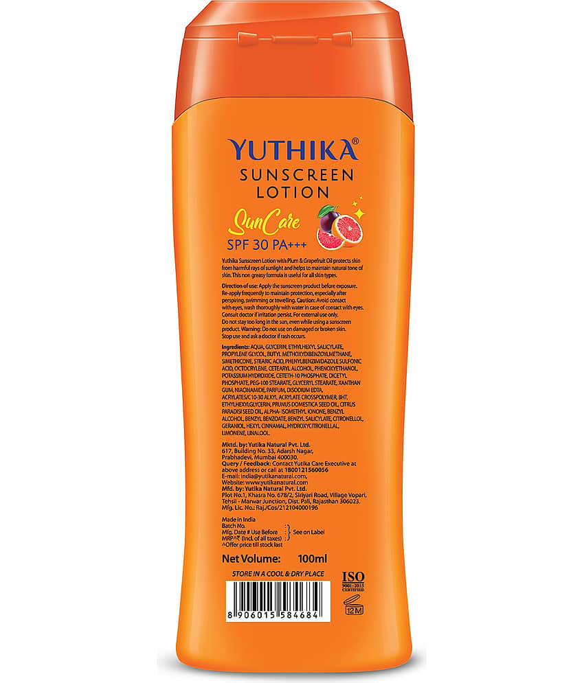Yuthika Sunscreen Lotion SPF 30 PA+++ with UVA & UVB Protection, Sun Cream for All Skin Types - 100ml view 2