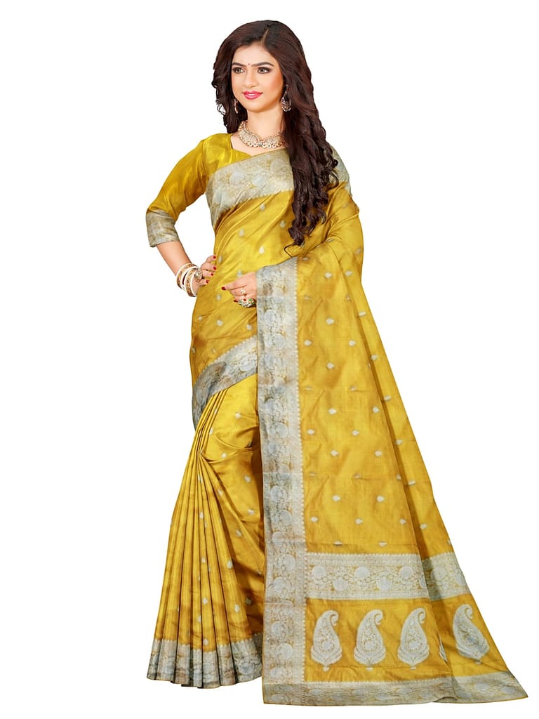Yellow Georgette Saree With Silver Zari Border view 2