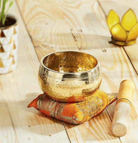 Tibetan Singing Bowl Set, Healing Musical Chime Meditation Bell with Buddha Engravings, 4 Inch Sound Bowl Meditation Set, Brass Bowl Handcrafted in India view 2