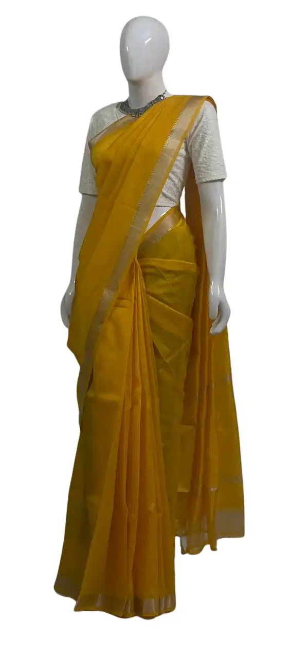 Mangalgiri Silk Cotton Saree Mustard Gold Zari Border view 2