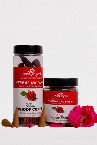 Green Fingers; Rose DHOOP Cones. Bamboo Free. Herbal Incense. Natural Aroma. Cow Dung, Kapur, & Other Natural Ingredients. Can be Used Daily for Pooja, Home Fragrance. Has a Stand. 1 Month Pack, Approx.