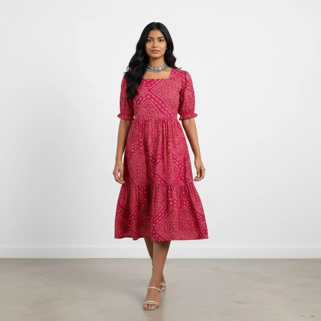 Magenta Pink Screen-Printed Bandhani Cotton Kurti from Mangalagiri