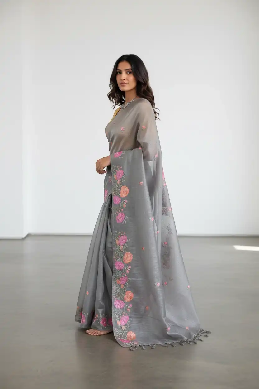 Steel Gray Kota Doria Cotton-Silk Saree with Block-Printed Floral Border