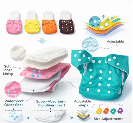 Pack of 6 with 6 Inserts Adjustable Snap Button Cloth Diaper view 2