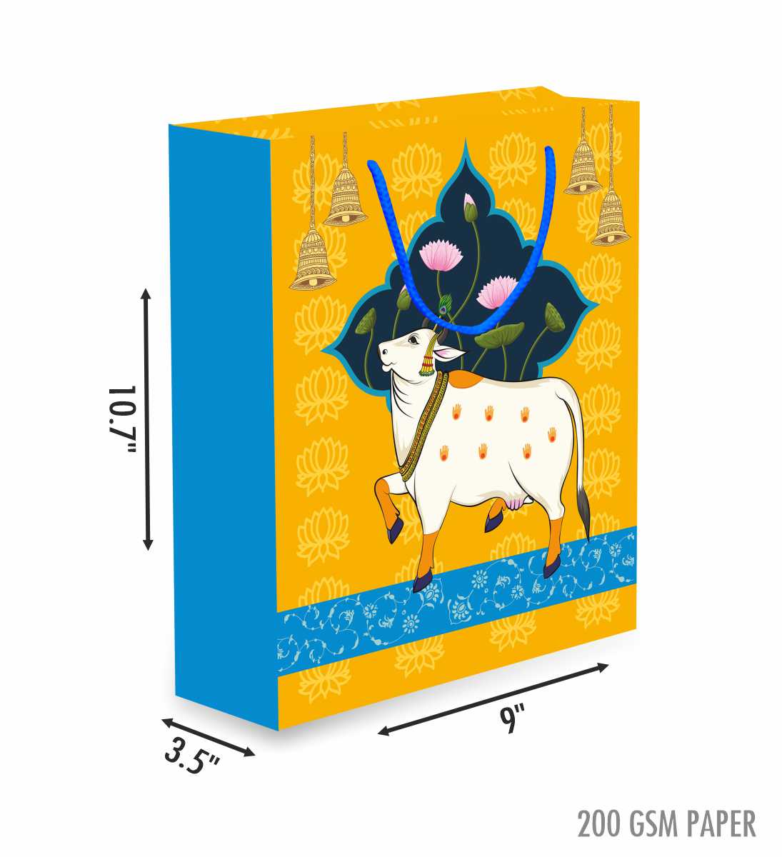 200 GSM Sturdy Pichwai Printed Paper Gift Bags, Paper Carry Bags For Wedding Gift, Festive Gifting & Gifting on Auspicious Occasion (Size: 10.7 x 9 x 3.5 inch) - Set of 12 view 2