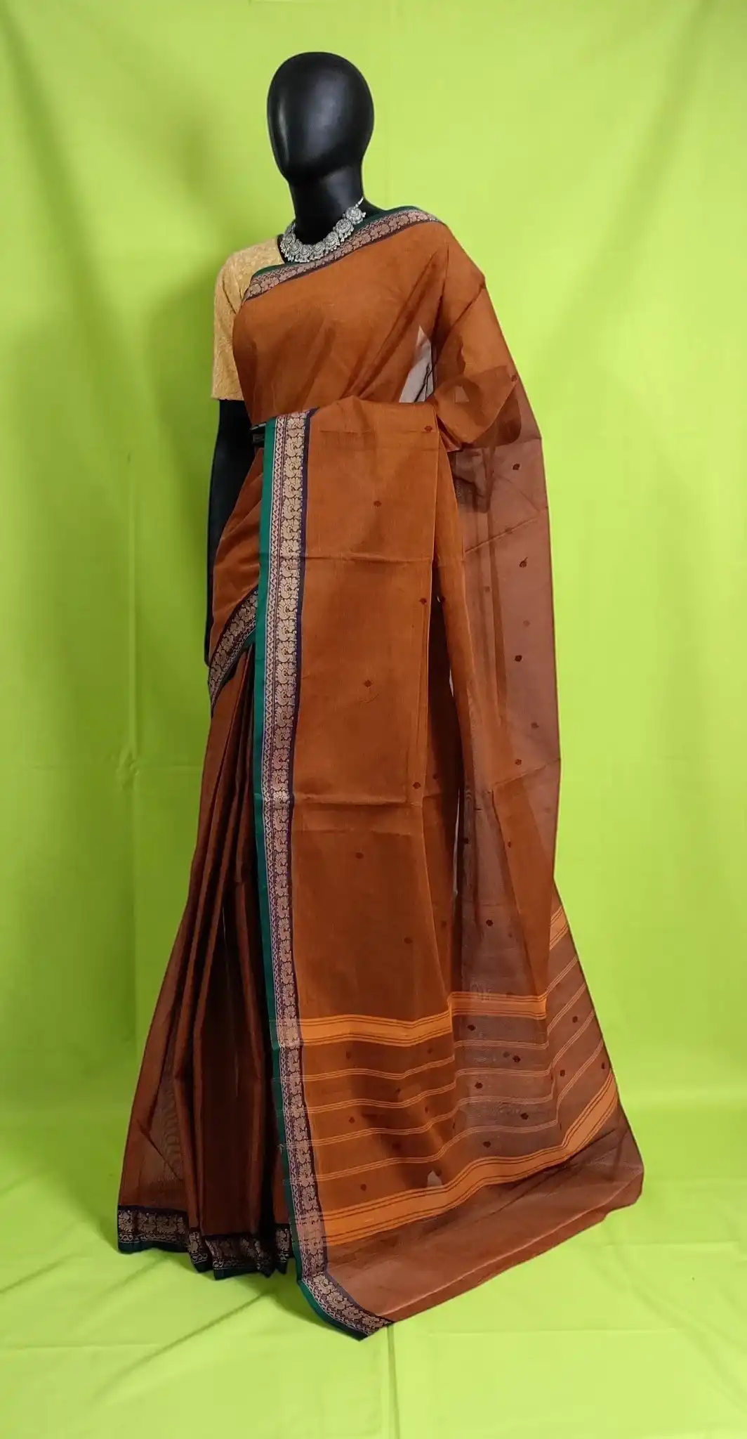 Handwoven Kanchipuram Cotton-Silk Saree in Rust Brown with Golden Border view 2