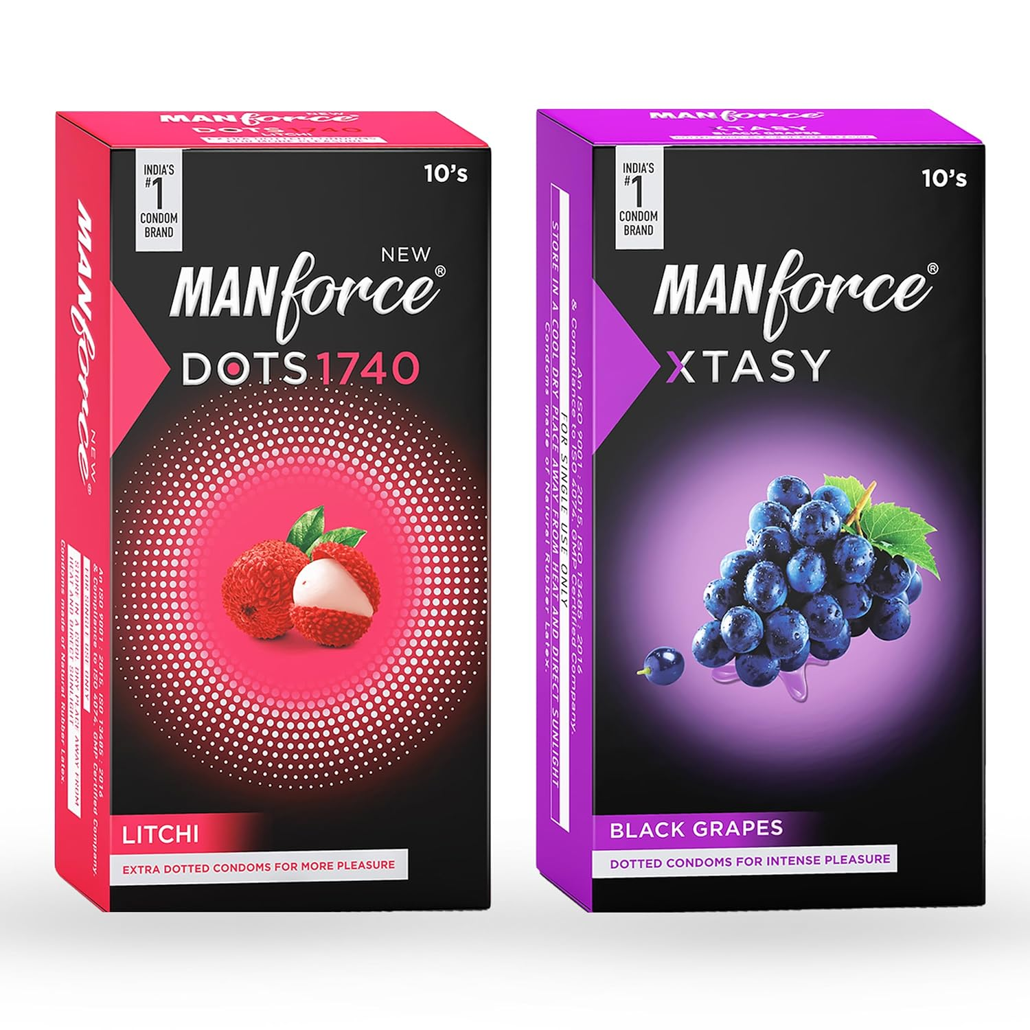 MANFORCE 3 in 1 (Ribbed Contour Dotted) Wild Black Grapes Flavoured Condoms- 10 Pieces & Extra Dotted Litchi Flavoured Condoms - 10 Pieces Condom (Set of 2 20 Sheets) view 2