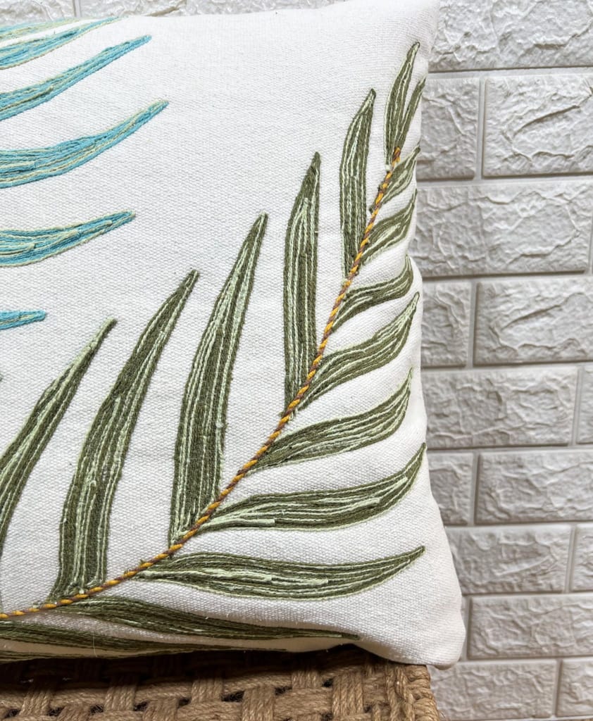 Indihomecraft Handicraft Cotton Cushion Cover - Hand Stitched Embroidery Decorative Art Boho Pillow Flower Leaf Hand Made Pillow Cover | Square Shape 18X18 Inches Cushion Cover view 2