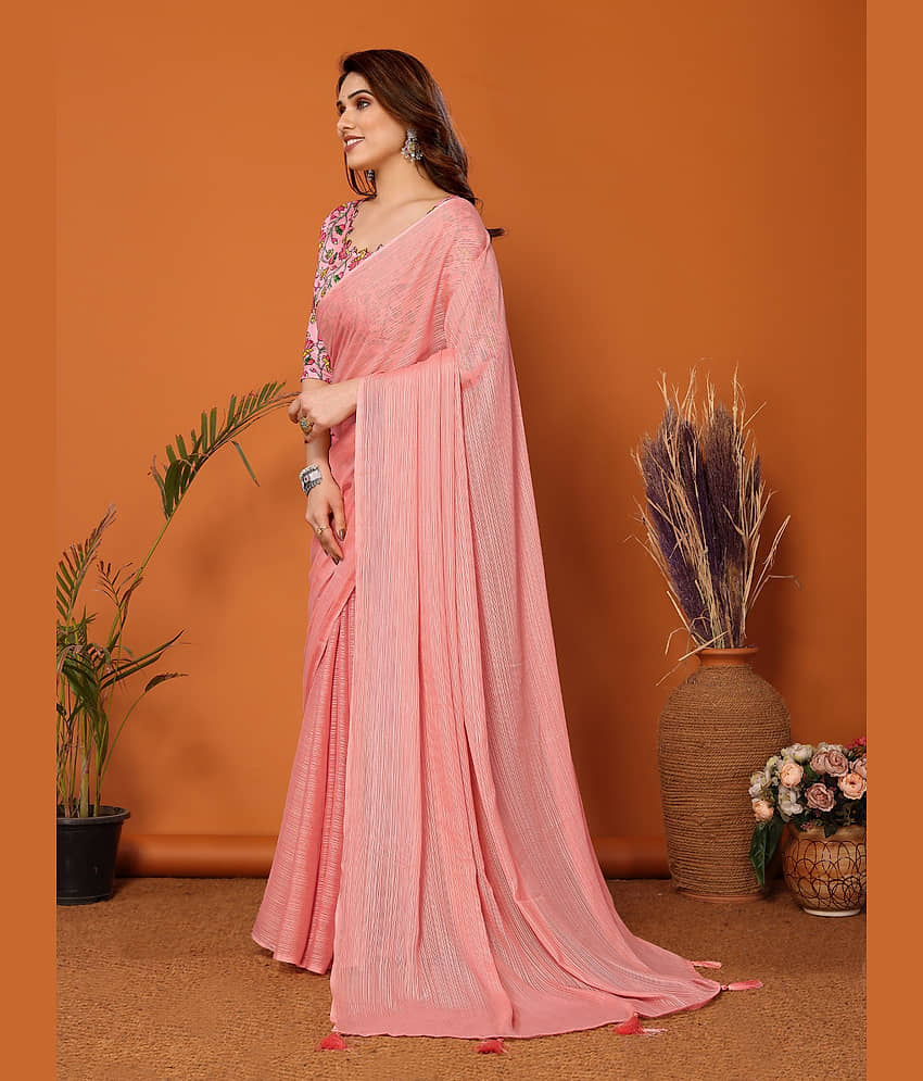 BLEESBURY Chiffon Solid Saree With Unstitched Blouse Piece ( Rose Gold ) view 2