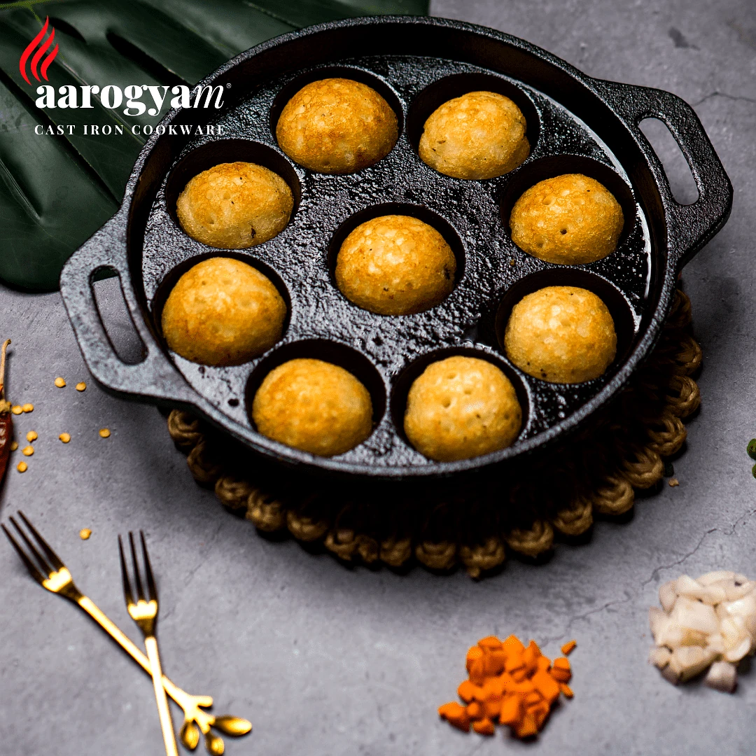 Aarogyam Cast Iron Paniyaram (Rough), Pre-Seasoned 9 inch Diameter (23cm), Naturally Non-stick, Toxin-Free, Gas & Induction Compatible, Weight- 1.5 kg (Colour - Black) by Aarogyam - The Cast Iron Shop view 2