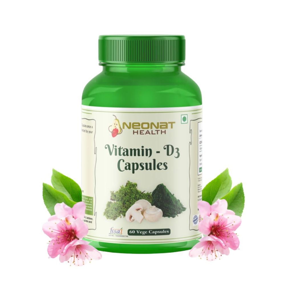Neonat Health Vitamin D3 (600 IU) Capsules | Plant-Based with Mushrooms & Spirulina | Supports Bone Health, Immunity & Calcium Absorption | 60 Natural Veg Capsules