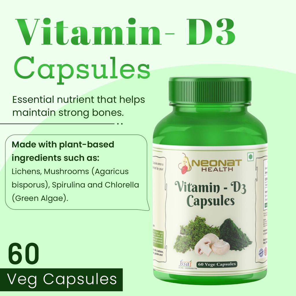 Neonat Health Vitamin D3 (600 IU) Capsules | Plant-Based with Mushrooms & Spirulina | Supports Bone Health, Immunity & Calcium Absorption | 60 Natural Veg Capsules view 2