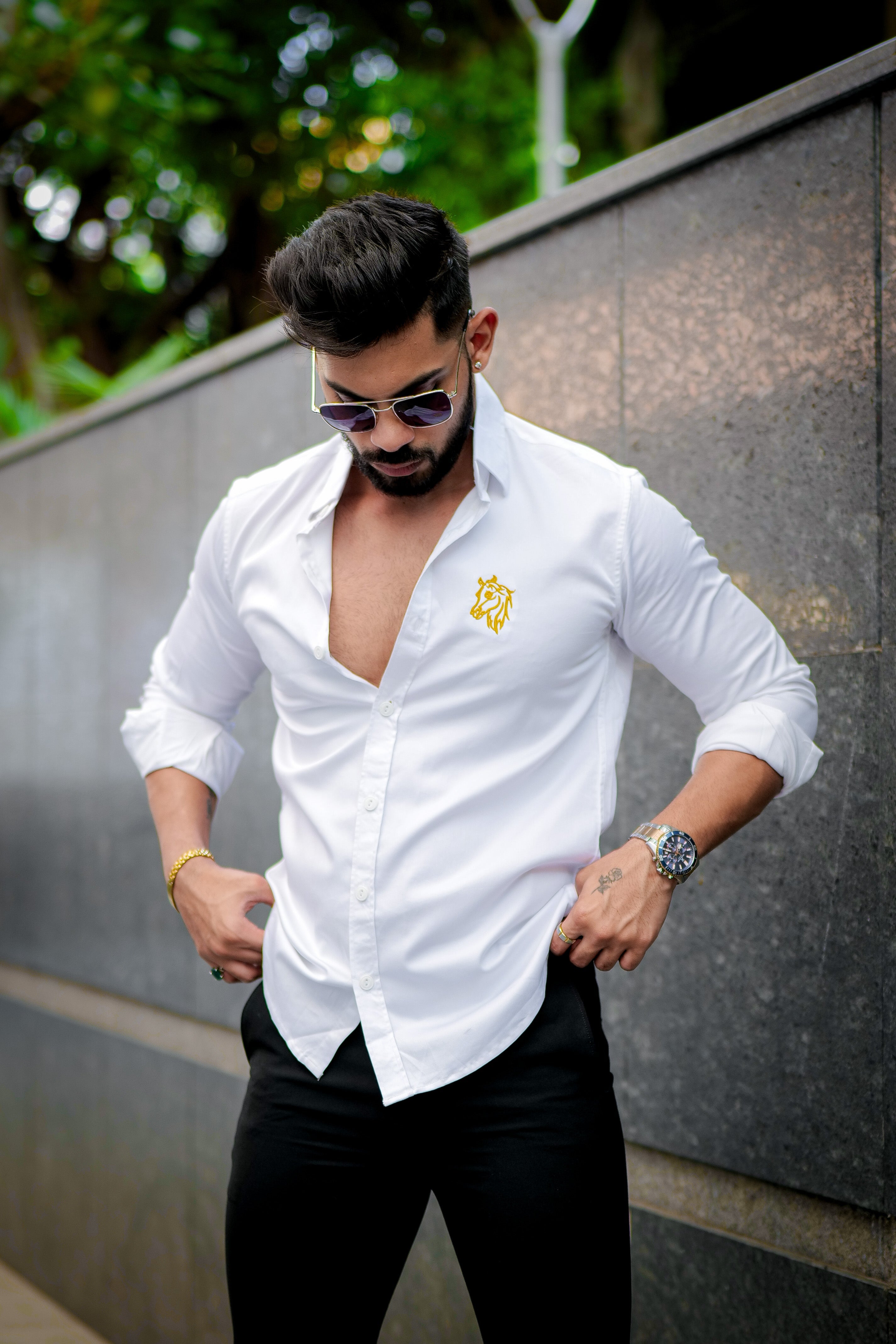 White Horse embroidery premium satin cotton shirt view 2