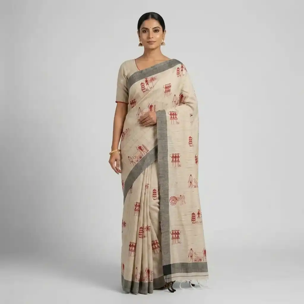 Natural Beige Sambalpuri Saree view 2