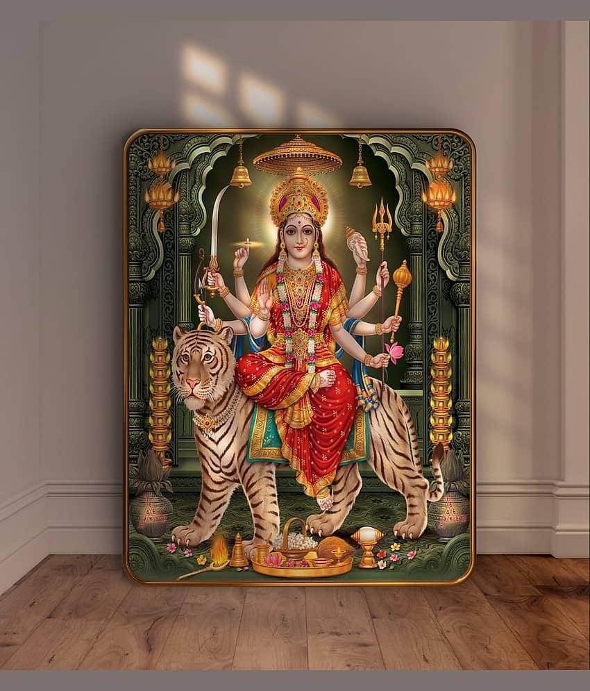 SAF Maa Durga Wall Painting on Tiger | Golden Frame Sparkle Laminated MDF Poster | Hindu Goddess Art for Home Temple Pooja Room | Shakti Devi Navratri Spiritual Wall Decoration view 2