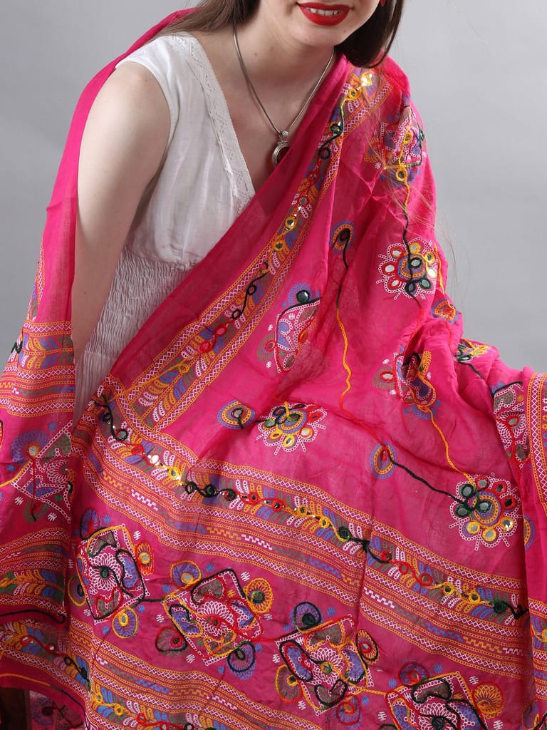 Fuchsia Printed Dupatta from Kutch with Hand-Embroidered Florals and Mirrors view 2