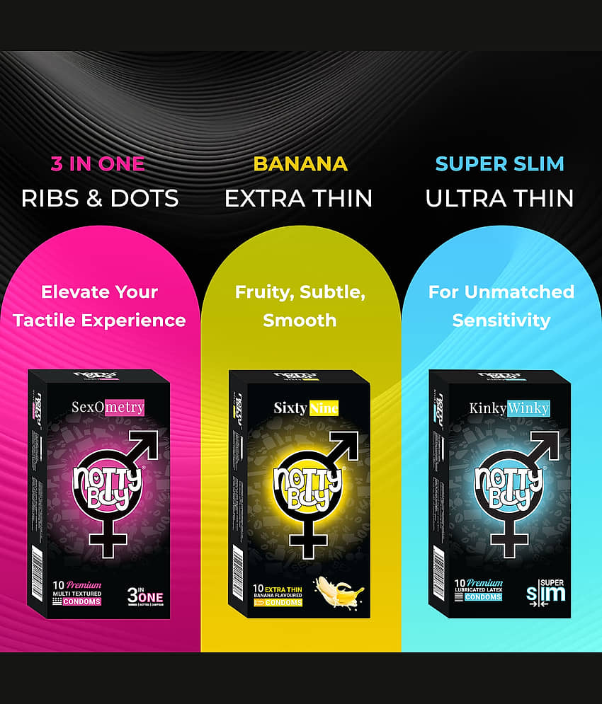 NottyBoy Family Combo Pack 3 IN 1, Ribbed, Extra Lubricated, Ultra Thin, Strawberry & Banana Flavoured Condoms - 50 Units view 2