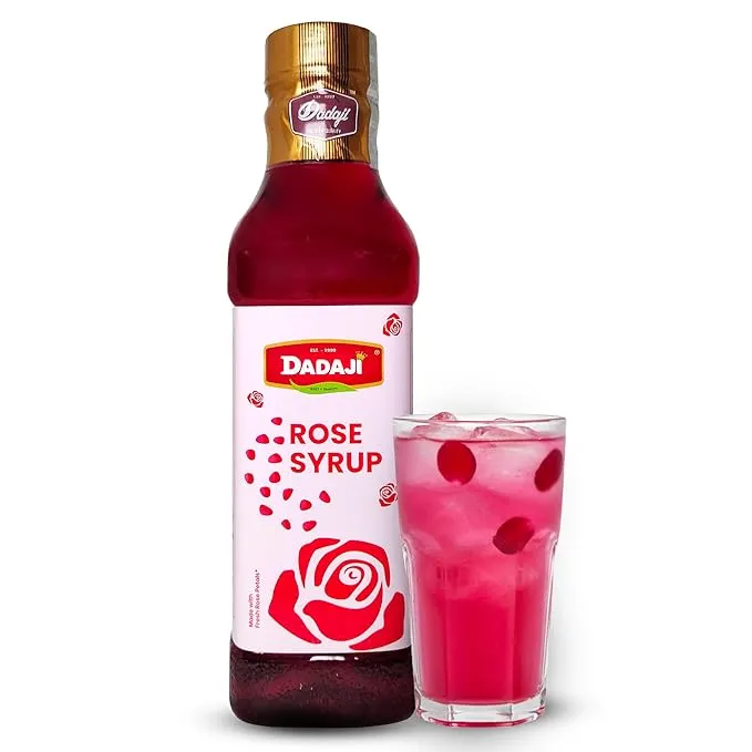 Dadaji Rose Syrup Sharbat | 750ml | Refreshing Drink with Chilled Milk, Soda, or Water | Perfect for Rosemilk, Falooda, Mocktails, Desserts & Sweets | Organic Summer Beverage | Non-Alcoholic | Sharbat for Any Occasion