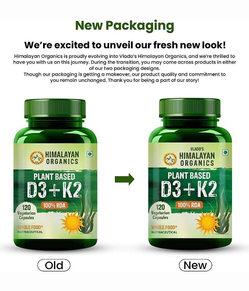 Vlado's Himalayan Organics PlantBased D3 600 IU Veg Capsule + K2 MK7 Bone, Immunity 120 No.s view 2