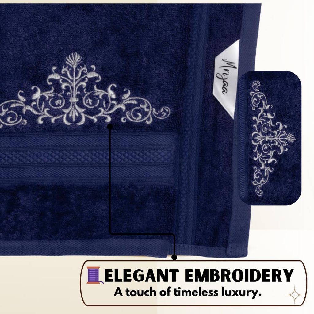 Mrijaa Luxury Bamboo Bath Towel Set, Navy Blue, 600 GSM, Majestic Bloom, 3 Pieces Set (Bath Towel-70x150 cm, Hand Towel-40x60 cm, Face Towel-30x30 cm) view 2