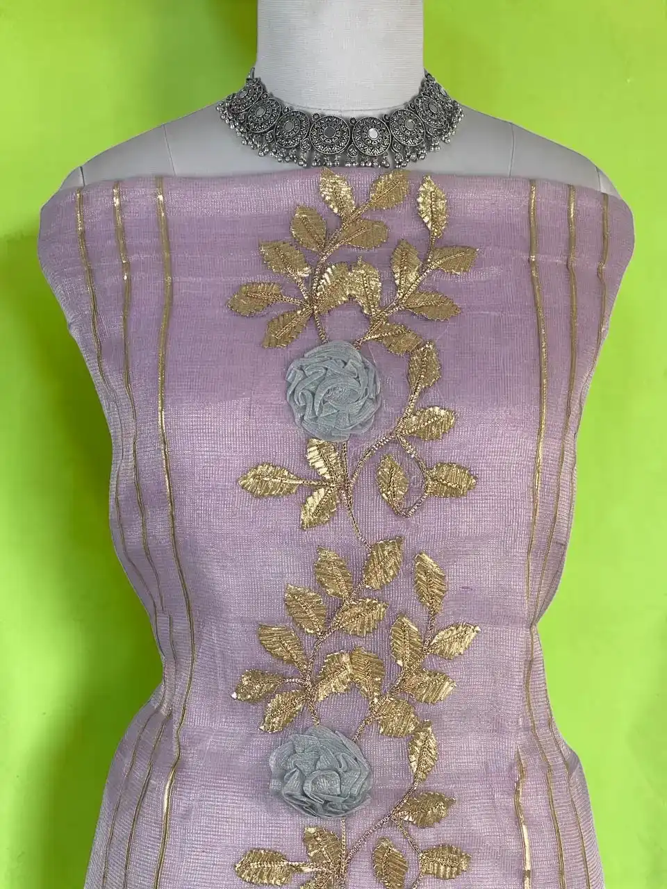 Hand-Embroidered Kota Doria Cotton Silk Dress Material in Lilac view 2