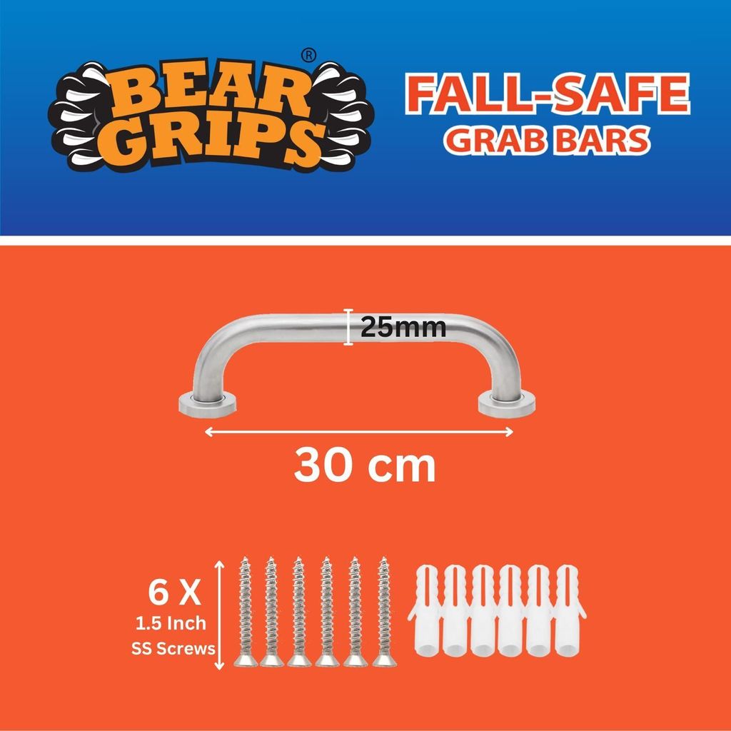 BEAR GRIPS Fall-Safe 304 Stainless Steel 25mm Anti-Slip Grab bar for Toilet and Bathroom hand railing and Safety Handle for Elderly Senior Citizens � 30 cm/ 12-Inch - Pack of 2 view 2