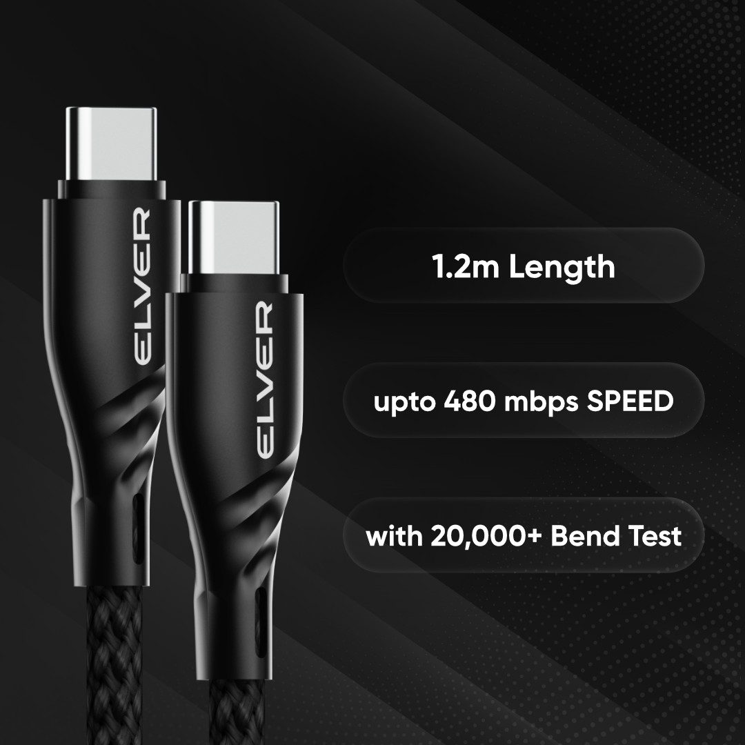 Elver USB-C to USB-C Cable, 65W Fast Charging, 1.2M Length, 480Mbps Data Speed, Tangle-Free - Black view 2
